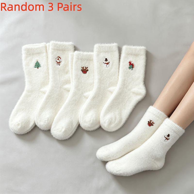 TEMU 3 Pairs Random Christmas Cartoon Embroidered Mid-calf Socks Women's Autumn Winter Fleece Thickened Mid-calf Socks Home Sleeping Warm Floor Socks