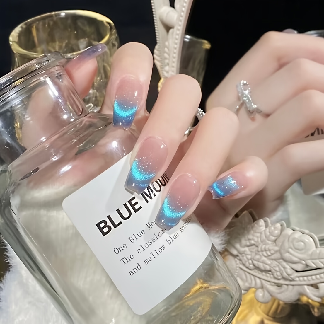 TEMU 24 stuks trombone-balletschoenvormige druk-op nagels, blauw kattenoog-verloopontwerp, set kunstnagels voor gelnagelkunstdecoratie, manicuredecor