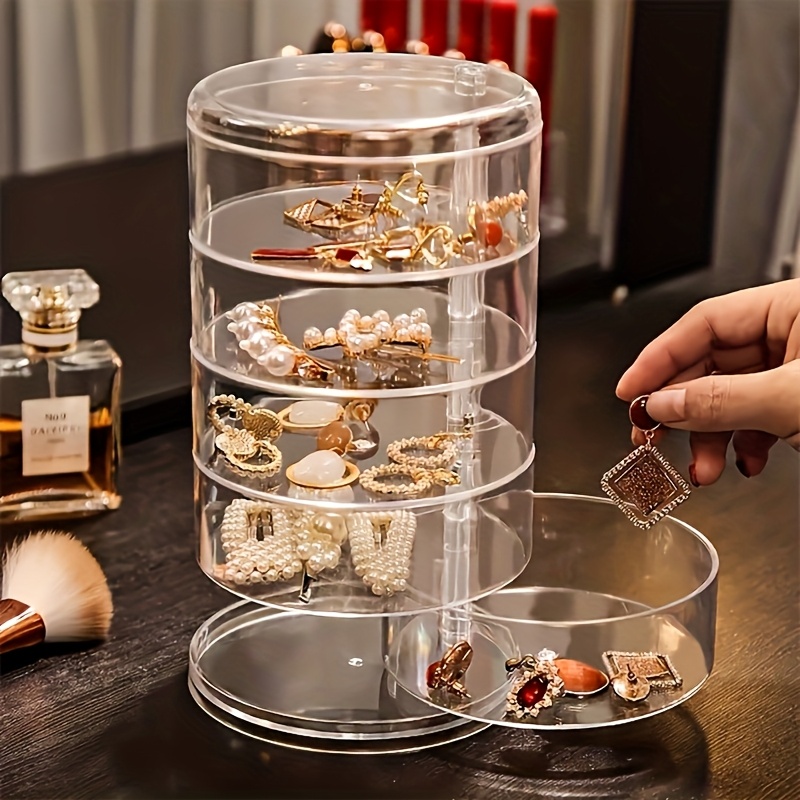 1   rotating five layer jewelry hair accessories storage box transparent plastic dust proof cover oval table earrings hair clips rubber bands and ladies daily jewelry storage box transparent durable plastic jewelry storage box jewelry boxes Product details 0