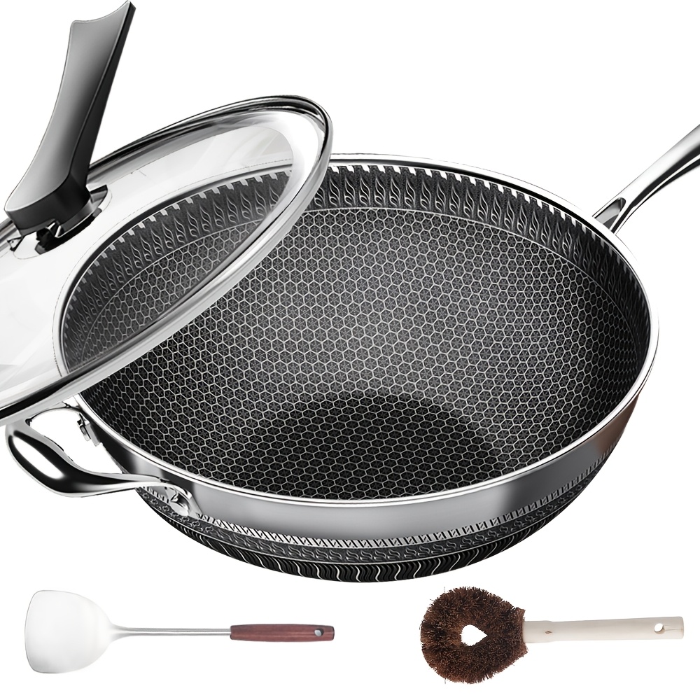 TEMU 13.3-inch Stainless Steel Wok With Lid And 2pcs Cookware Additions, Honeycomb Design, Pan, Suitable For All Stoves, Kitchen Utensils, Kitchen