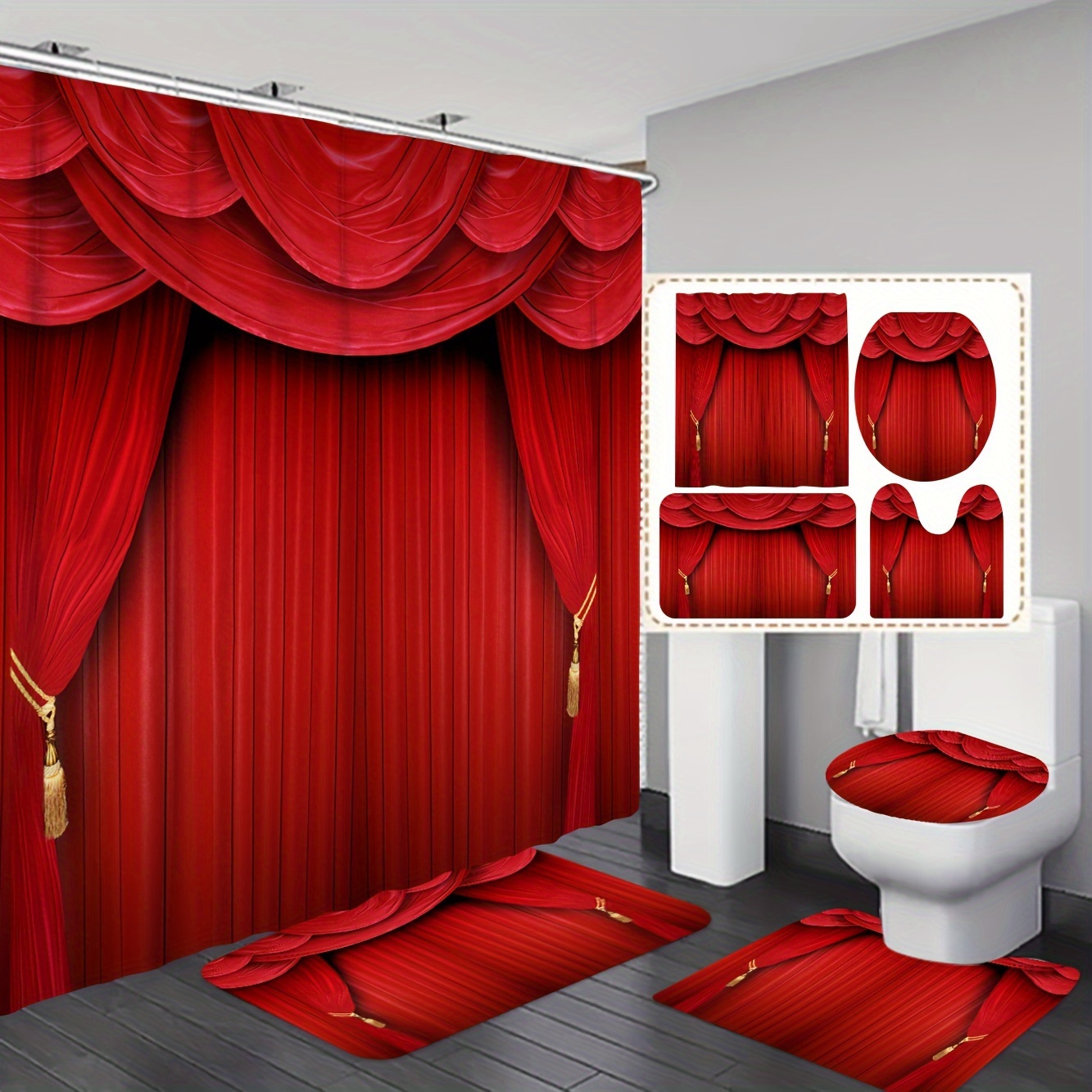 

1/3/4pcs Red Curtain Stage Drapery Pattern Bathroom Set, With Shower Curtain (70.8x70.8 Inches) And Bath Mat, Toilet Mat, Toilet Lid Cover, With 12 Free Hooks