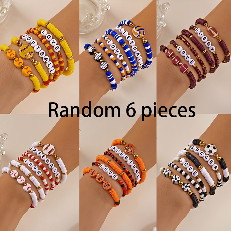 TEMU Random 6pcs Vintage, Hip-hop, Bohemian Style Colorful Sports Theme Bracelet Set, Featuring Football, Baseball, Softball, Basketball, Soccer,