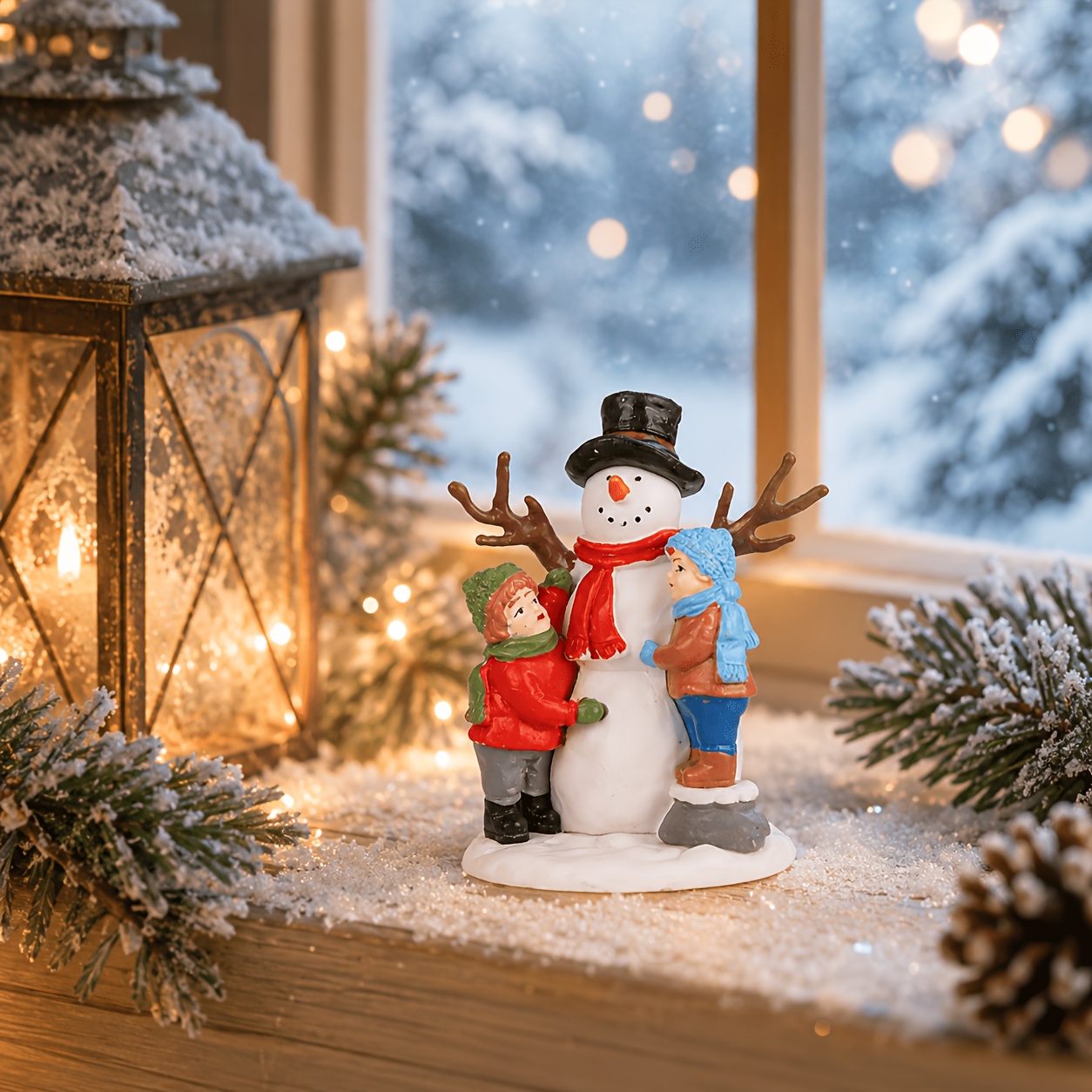 TEMU 1pc Creative Two-person Holding A Snowman Ornament With Hats And Red Scarves - Classic Winter Indoor/outdoor Christmas Decoration, Home Garden