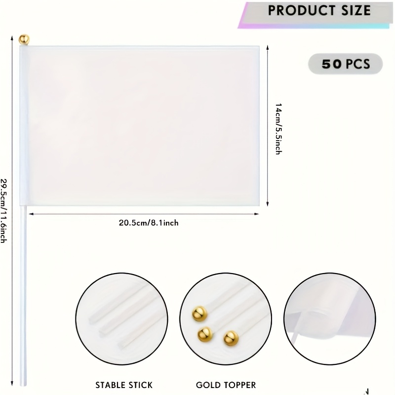 Image of 50pcs White Small Mini Flags Bulk Sublimation Blank Flags Solid Plain Hand Held Miniature Flags On Stick For Garden Car Grand Opening Birthday Wedding Party Events Celebration