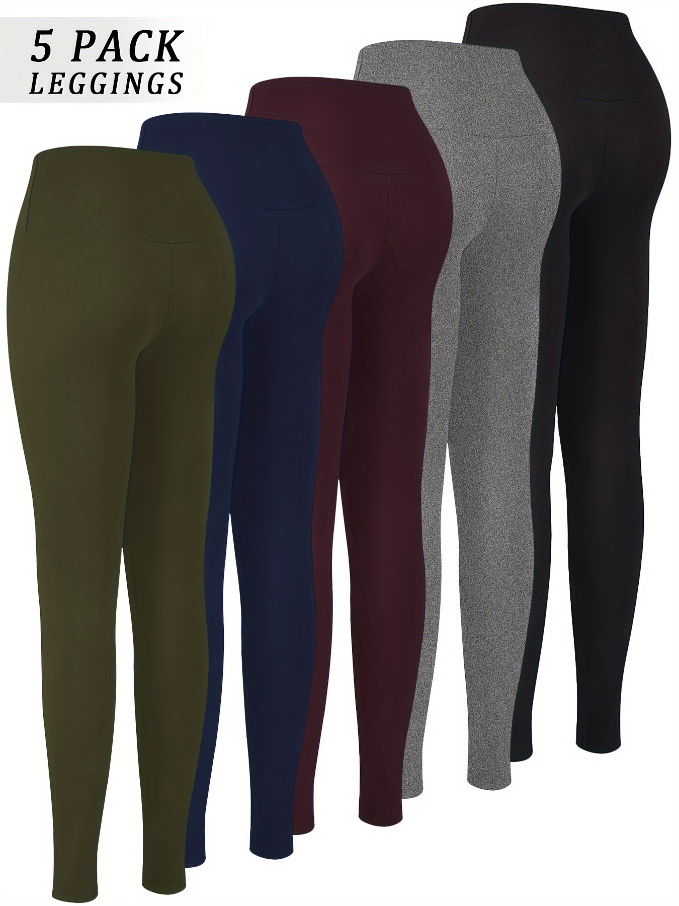 5 Pack High Waisted Tummy Control Leggings for Women 92 Polyester 8 Spandex Solid Color Long Length Skinny Fit Sports Knit Fabric 1