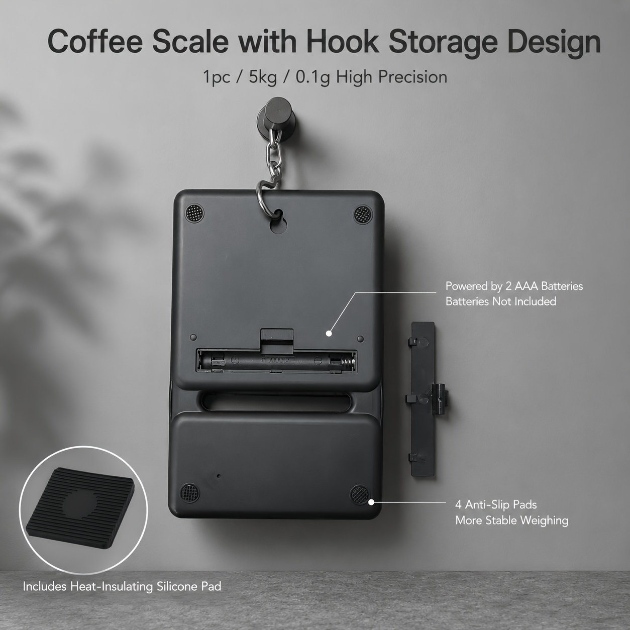 TEMU Professional Coffee Scale 5kg/0.1g Digital Scale With Built-in Timer, Heat-insulating Silicone Pad, Hook Storage Design, 4 Units G/ml/oz/lb,