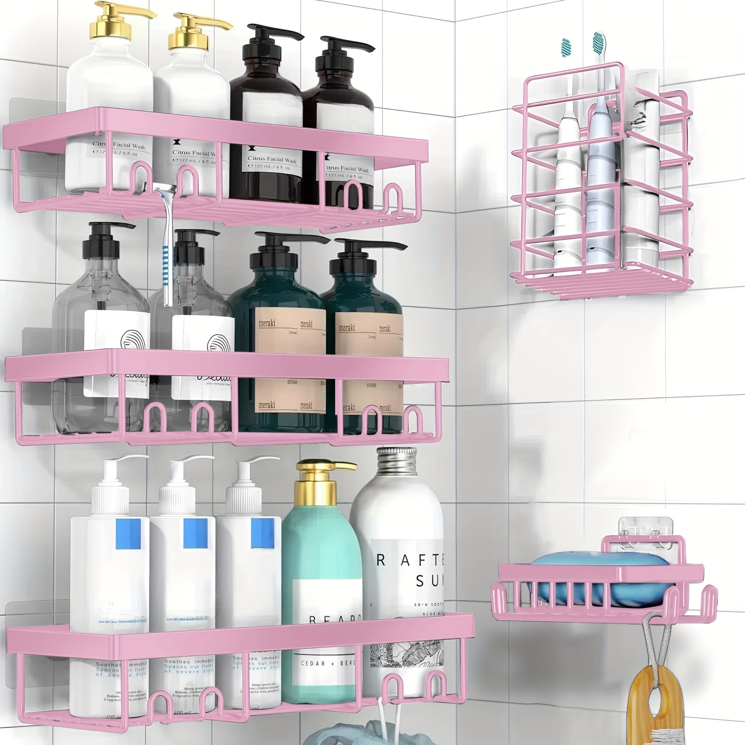TEMU Shower Caddy Adhesive For Wall-shower Caddy, Self Adhesive Wall Shower Organizer, 5-pack No Drill Bathroom Shower Shelves For Inside Shower,