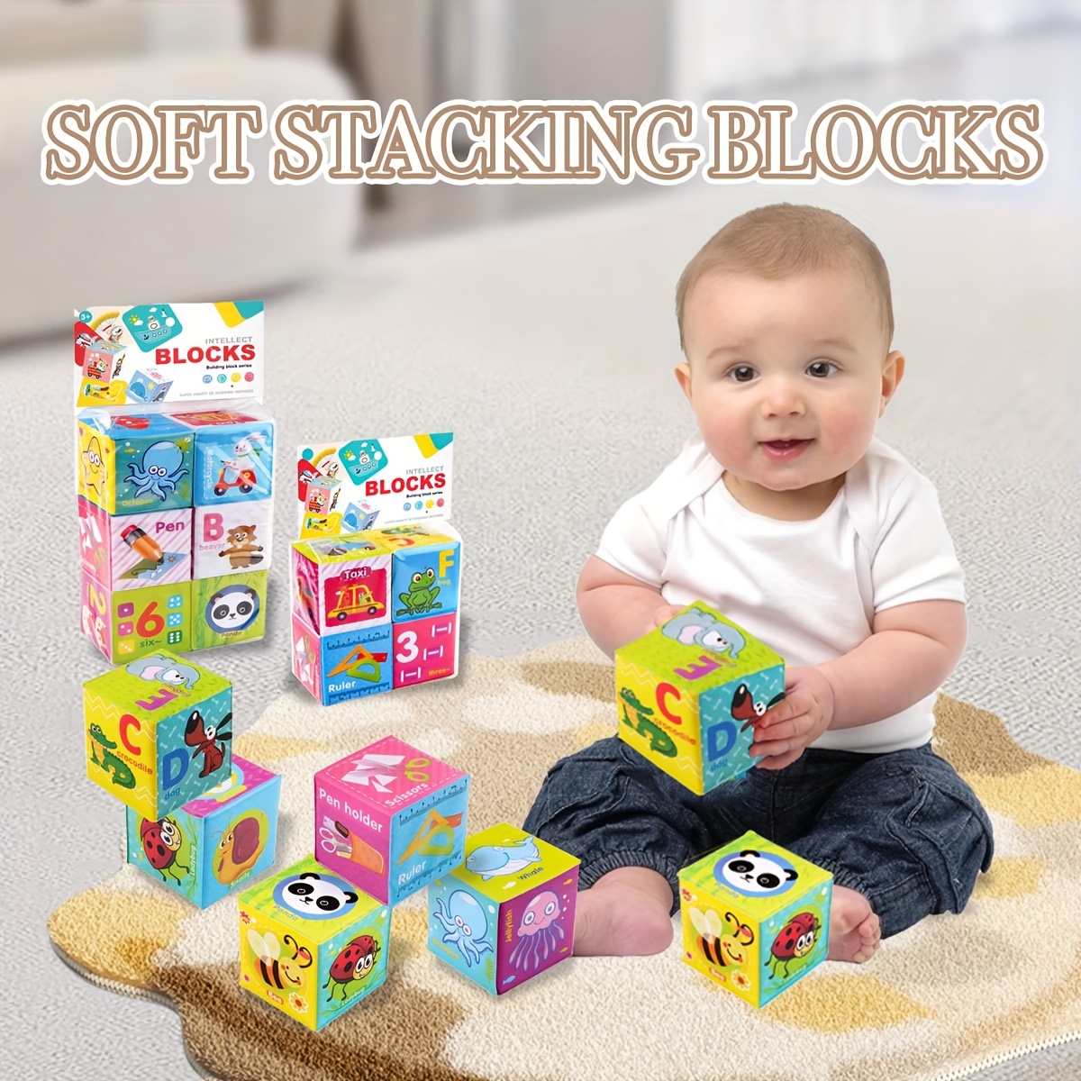 Zachte Stapelblokken, Sensorisch Speelplezier voor Baby's - Set van 4/6 Zachte Sensory Blokken, Bevordert Cognitieve Ontwikkeling, Ideaal Bouwblokken voor Peuters