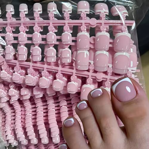 120pcs pink french soft on toenails short square shape with white edge full cover design easy to apply and long lasting for hands feet ideal for parties weddings and daily wear