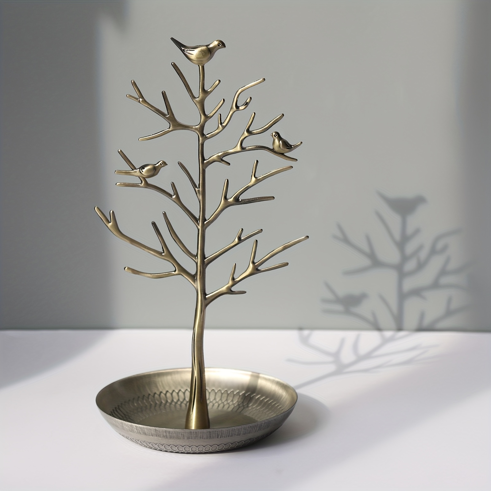 vintage branch jewelry rack with wood tray metal   tower organizer for necklaces earrings bracelets with bird   retro   multi purpose for bathroom office dressing table jewelry display home decor accessory  