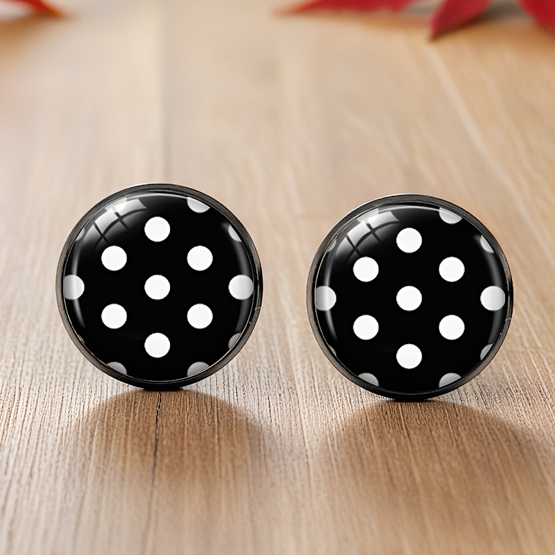 Black White Polka Dot Black Stud Earrings Round Glass Cabochon Earrings Handmade Jewelry, Without Battery