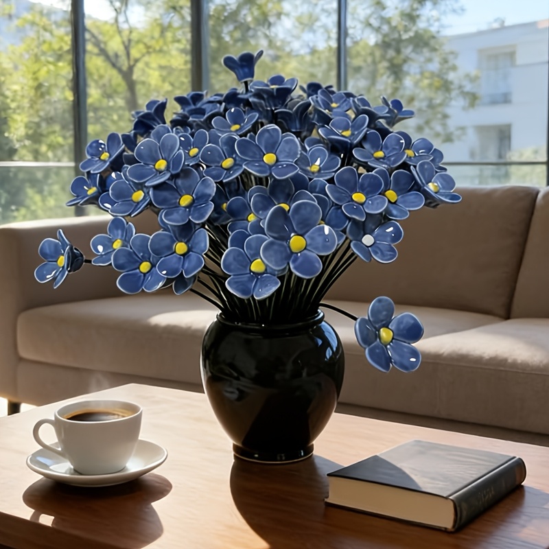 8 szt. Ręcznie Robionych Ceramicznych Pamięci, "Niebieskie Miłość" Rękodzieło Artystyczne, Odporne na Blaknięcie Wieczne Dekoracje Domowe, Odpowiednie do Użytku Wewnątrz/Na Zewnątrz Ceramiczne Kwiaty Nigdy Nie Blakną Ceramiczne Ozdoby Kwiatowe Walentynki Randka Ceramiczny Prezent Kwiatowy Ręczny Bukiet Ceramiczny Ete