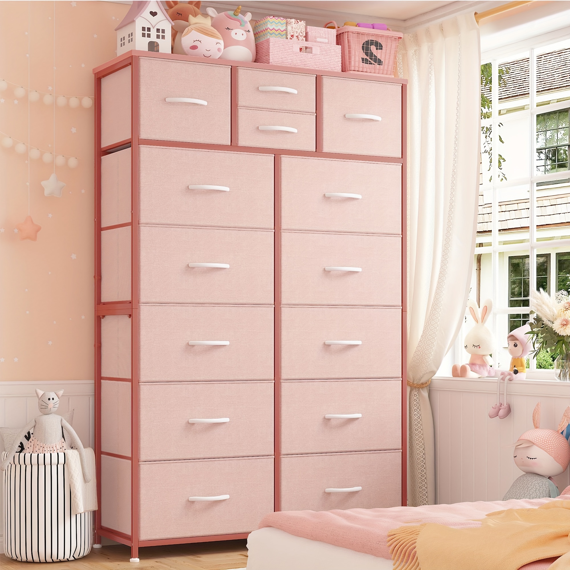 14-Drawer Pink Dresser for Bedroom - * Chest with Adjustable Feet, Sturdy  Metal Frame & Wooden Top * Organizing Clothes, Books & Accessories,  11.8&*;D x 37&*;W x 52&*;H, Versatile Furniture | ...