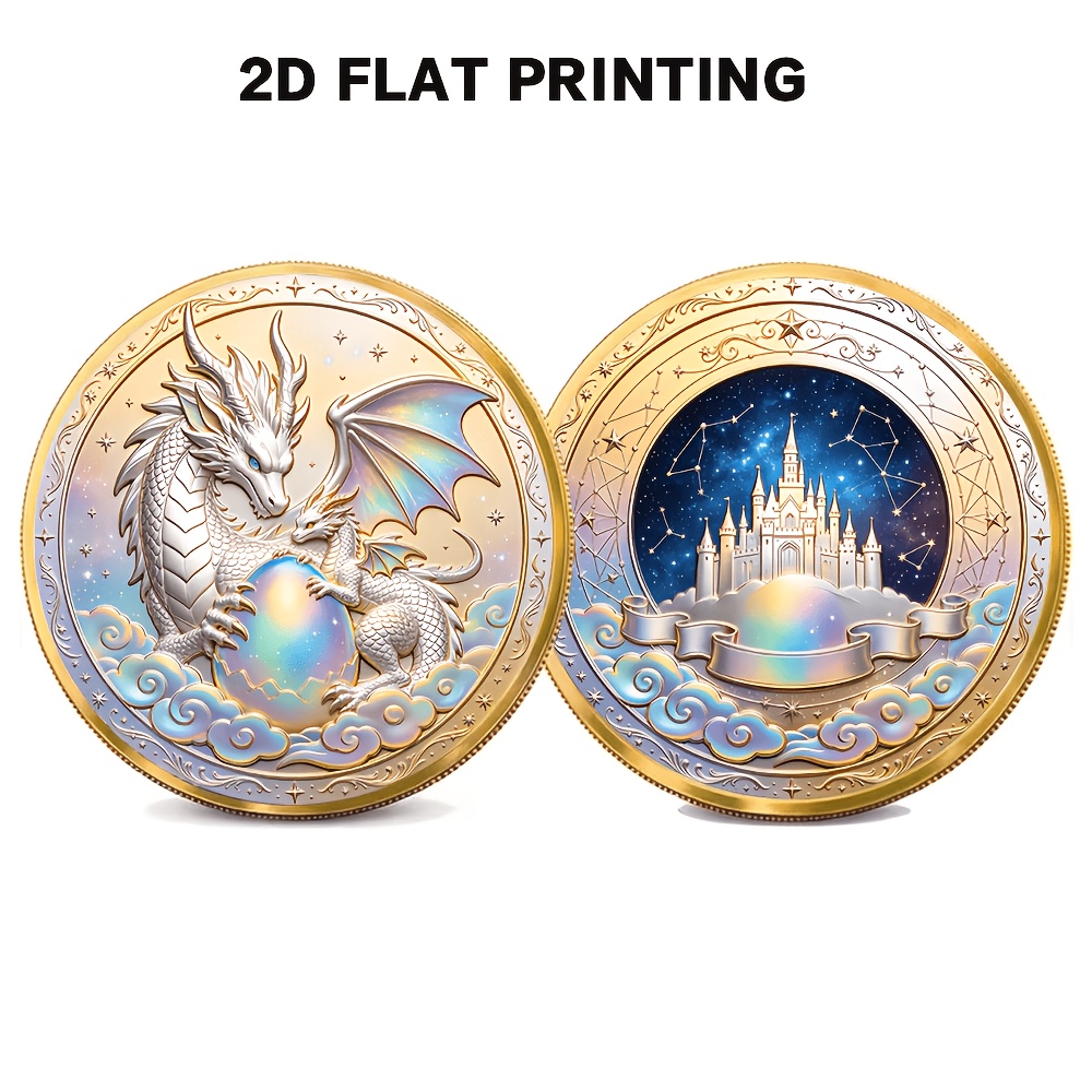TEMU Replica Coin 1pc, 2d Commemorative Coin With An Iridescent White Dragon And Starry Theme, Made Of Alloy. A Birthday Gift For Teenagers And Anime