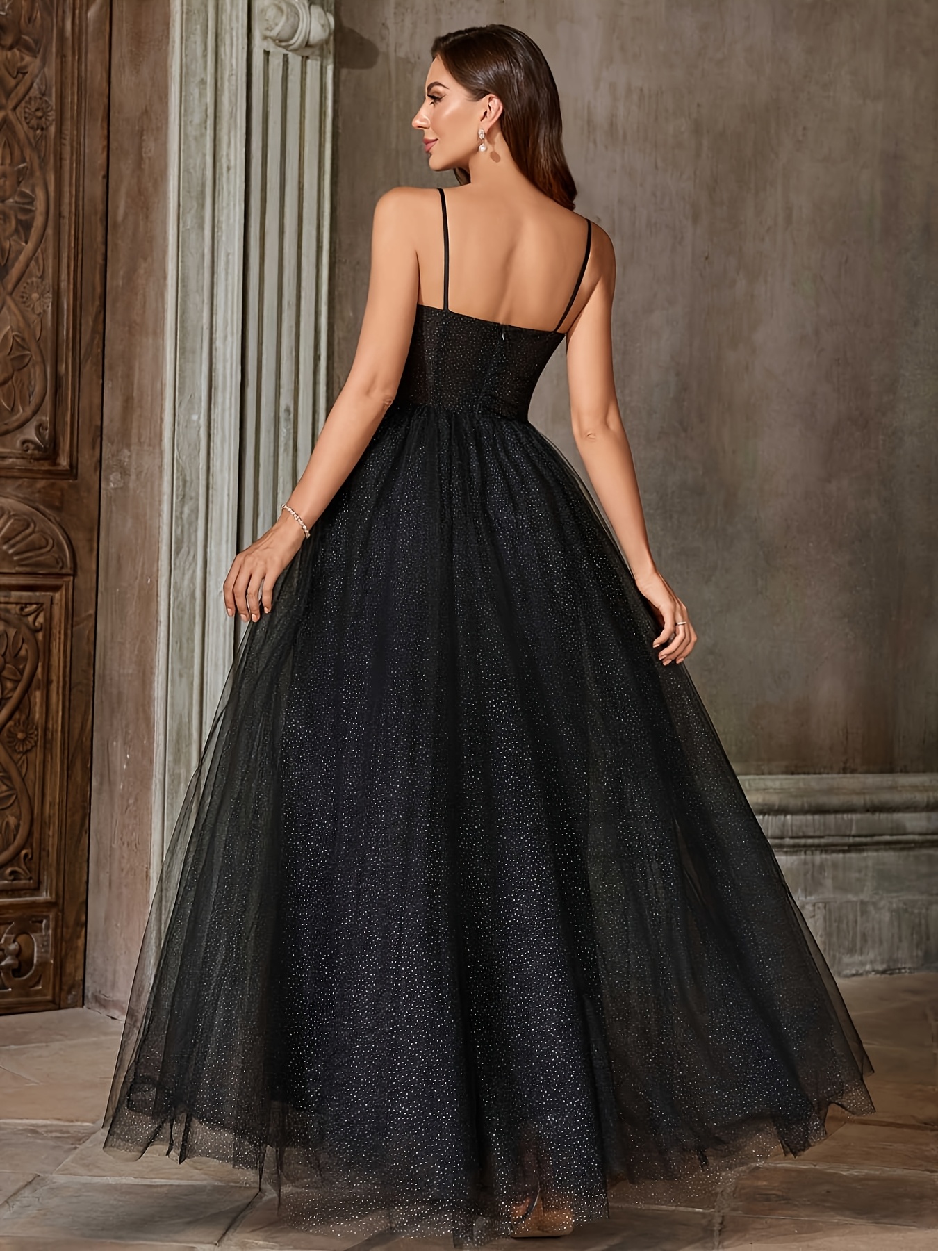 Black Strappy Bodice Dress with Three-dimensional Floral Embellishments,  Polka Dot Mesh, and a Full-length Flared Skirt