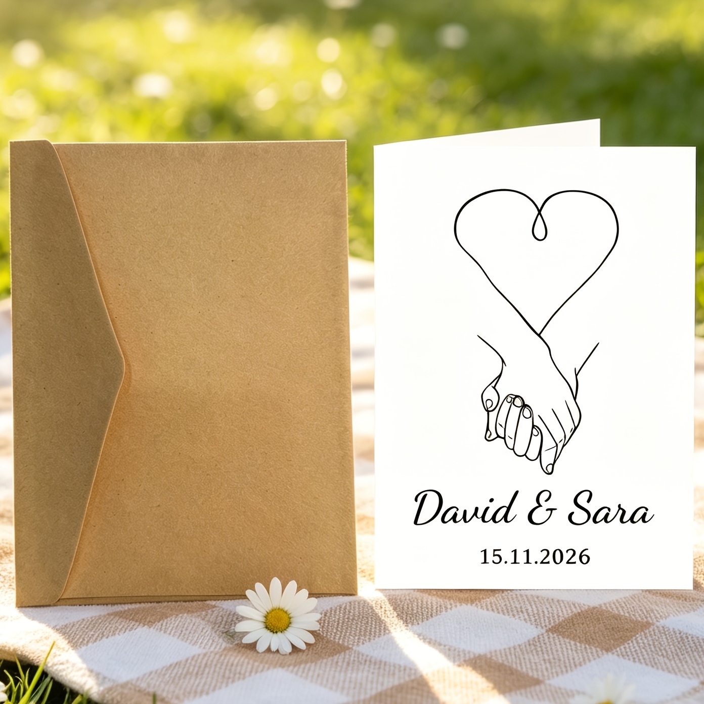 TEMU Customizable Couple Name And Wedding Date Greeting Cards With Envelopes - Simple Handheld Line Art Greeting Cards, Suitable For , Couples And