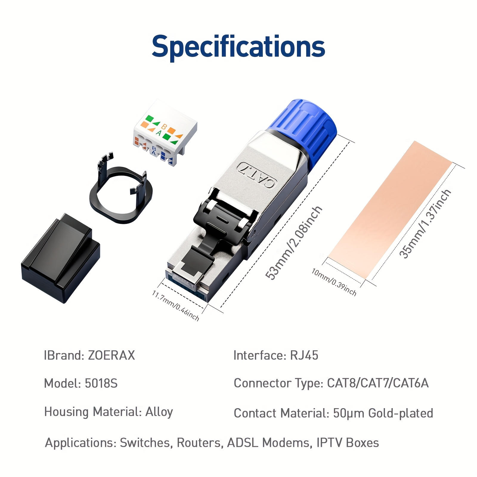 Zoeraxrj45 Connecteurs de câble Ethernet CAT8 CAT 7 CAT6A sans outil blindés pour câbles réseau 40 Gbps et 10 Gbps, adaptés aux câbles LAN STP 22~26 AWG