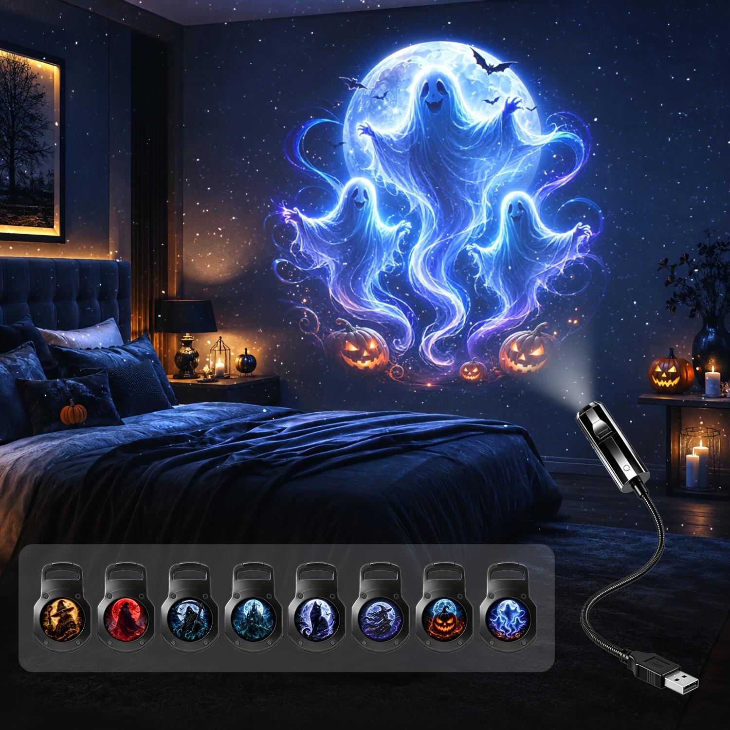 TEMU Lampe de projection d'Halloween, veilleuse projecteur réglable à 360° pour mur et plafond, alimentée par USB, pour chambre, pièce gothique et