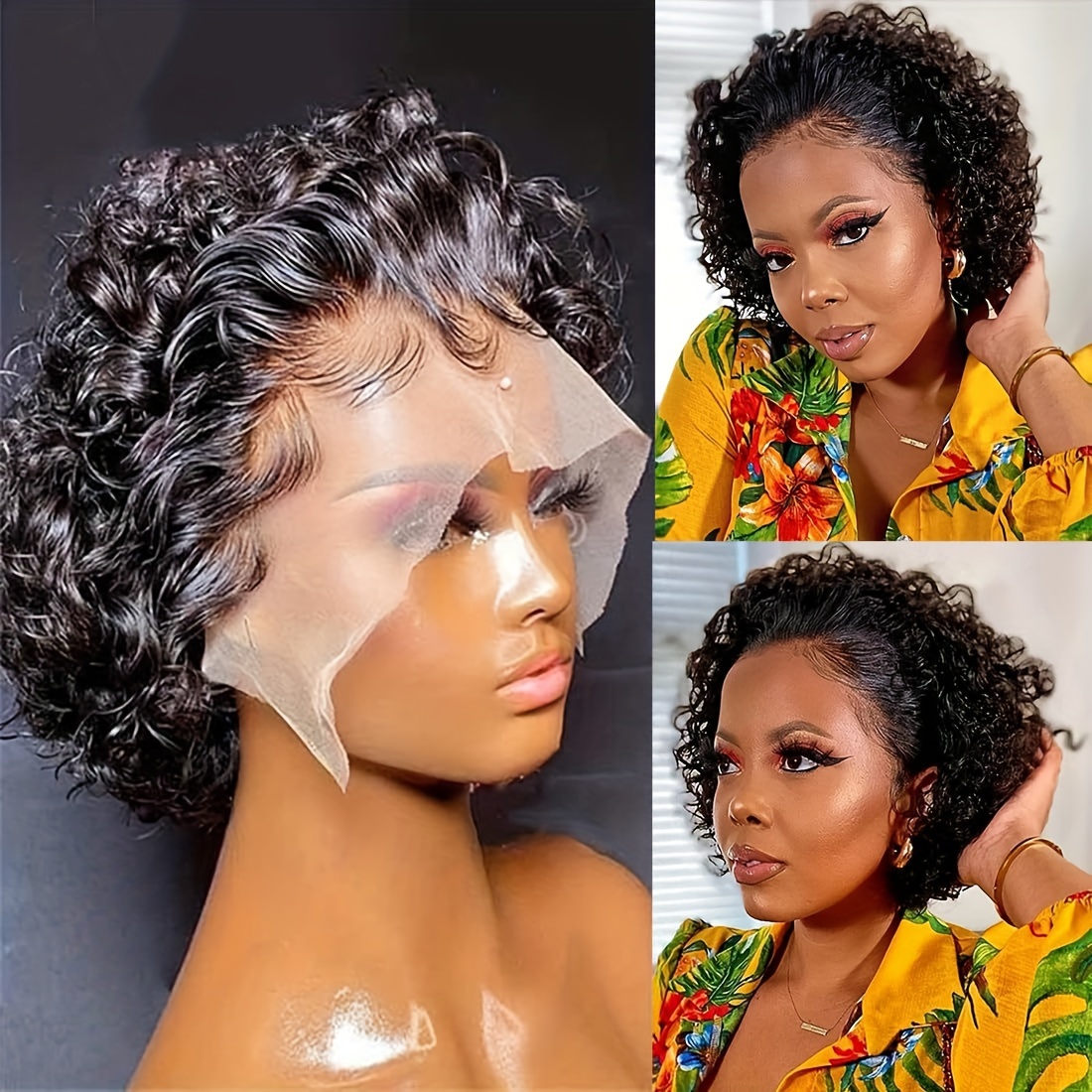

Short Curly Pixie Cut Wig Human Hair 6 Inch Curly Wave Natural Black Human Hair Wigs For Women 13x1 Lace Front Wig Preplucked 130% Density