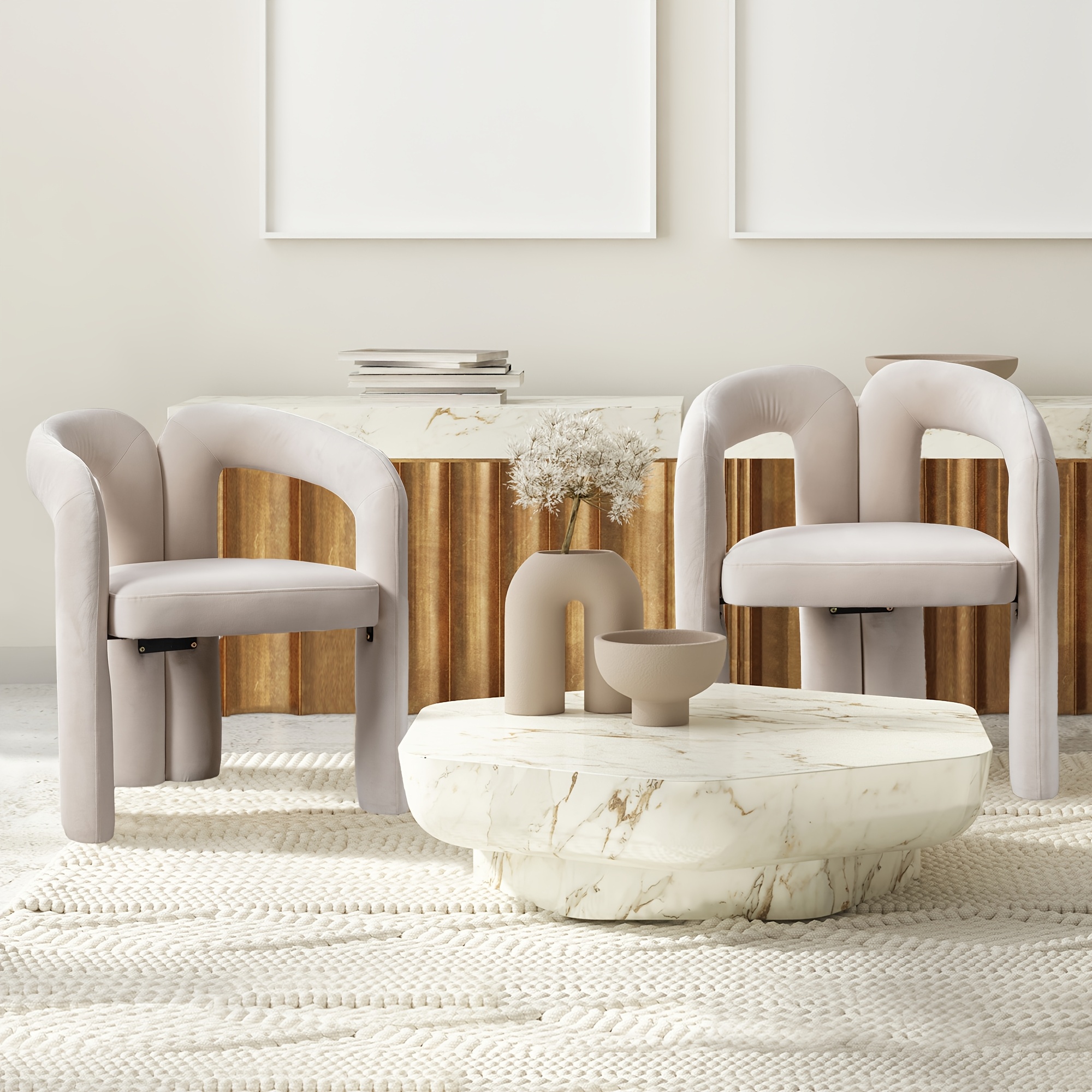 Image of Set Of 2 Dining Chairs Made Of Velvet, Featuring A , Lounge Chairs With Elephant Feet, Curved Hollow Backrest And Soft Seat Cushion, Suitable For Dining Room, Living Room, And Bedroom