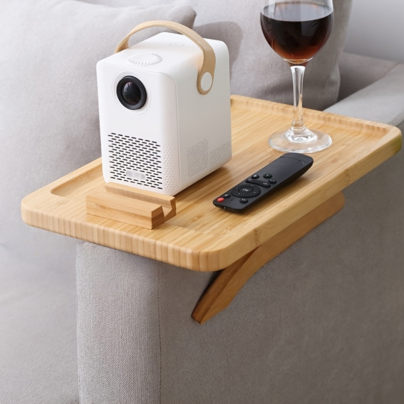 TEMU Multipurpose Foldable Bamboo Sofa Armrest Table, Living Room Sofa Armrest Tray With 360° Mobile Phone Holder, Portable Clip On The Side Of The