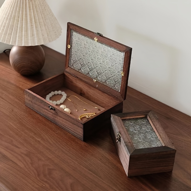 

Vintage Wooden Storage Box With Glass Lid - Desktop Organizer For Jewelry, Makeup & Sundries