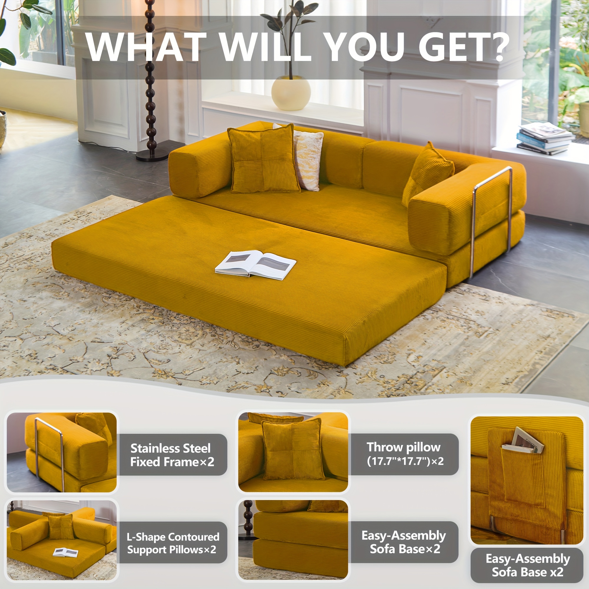 78 8 convertible sofa bed compression sofa with corduroy fabric witharmrestsand backrest modular sectional for living room bedroom studio compressionsofa in box Product details 1