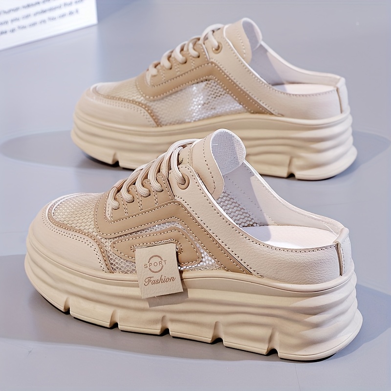 womens chunky platform sneakers beige lace shoes thick Temu Peru