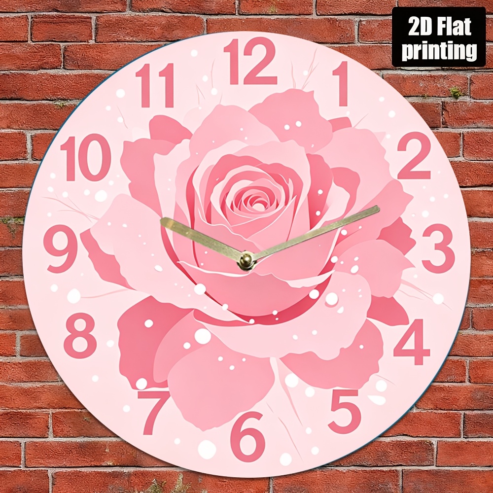 TEMU 8-inch 2d Flat Print Round Silent Wall Clock With Pink Heart Rose And Diamond Design - Quartz Movement, Acrylic Material, Perfect For Bedroom,