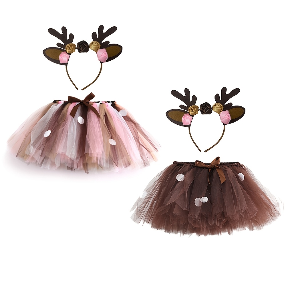 

Christmas Skirt Headband Elk Girls Pong Skirt Skirt 2 Piece Set Cos Festival Party Performance Props