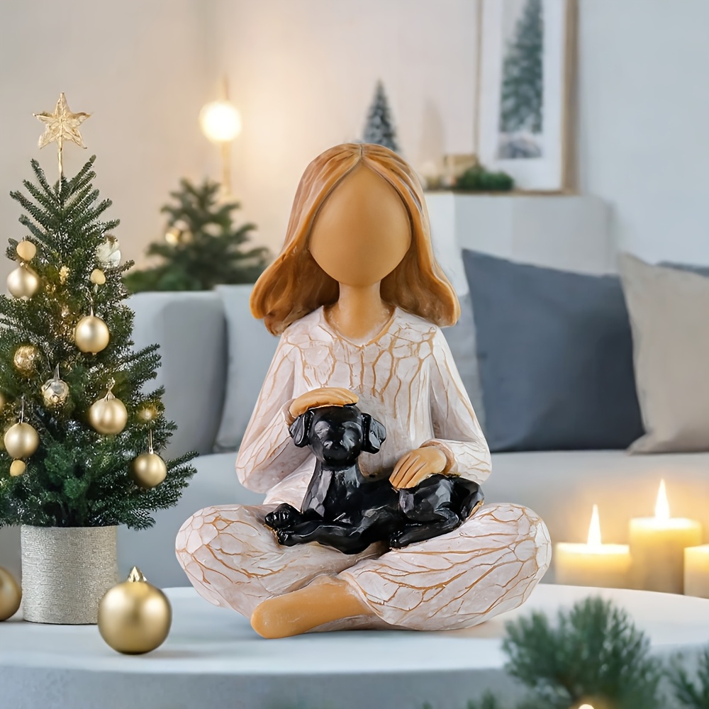 TEMU Seated Girl Holding Statue A Gift For Dog-loving Ladies Friendship, , Remembrance, Collectible Desktop Home Decor Statue Ornament Resin Craft