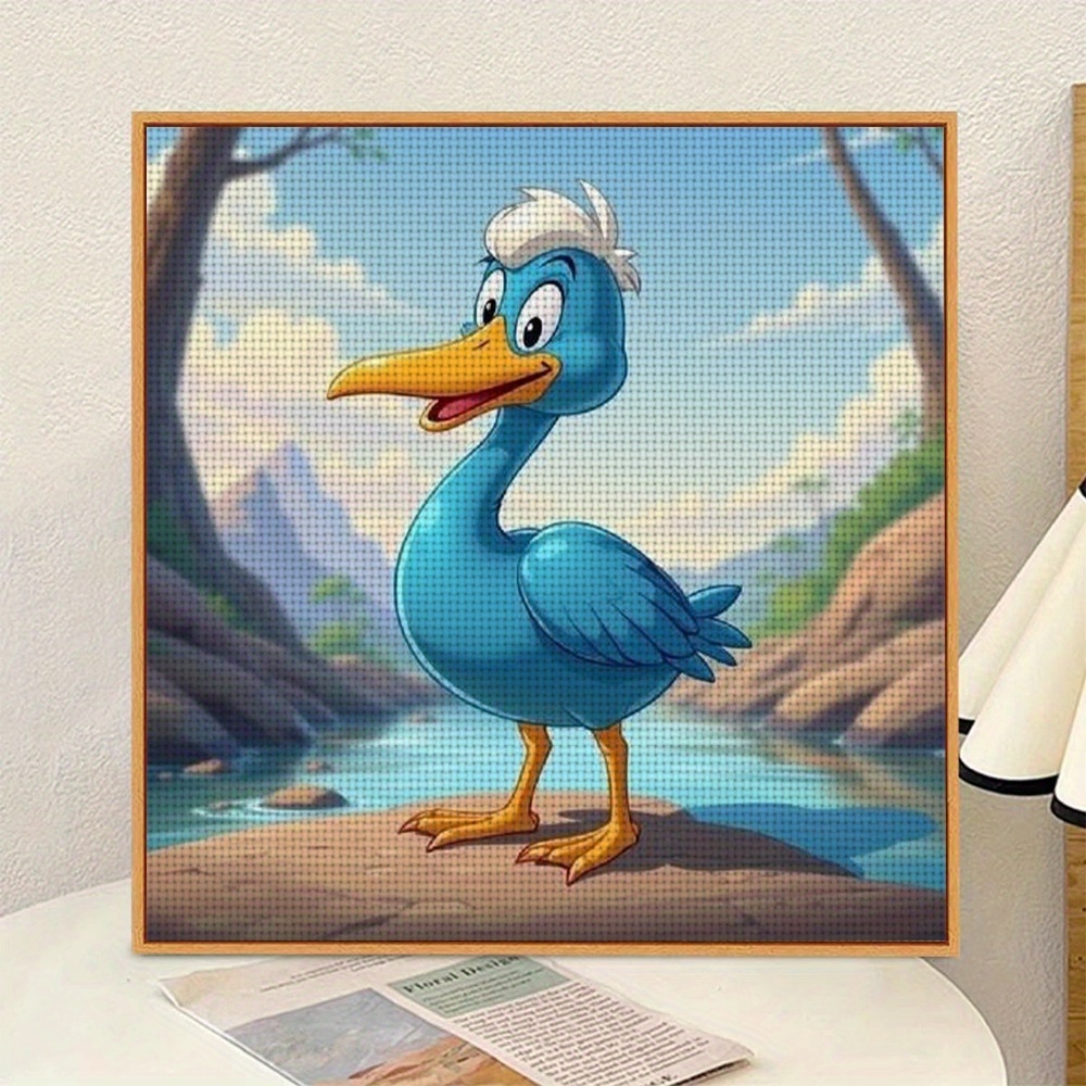 Cross Stitch Kit Featuring Cheerful Blue Cartoon Bird by the River