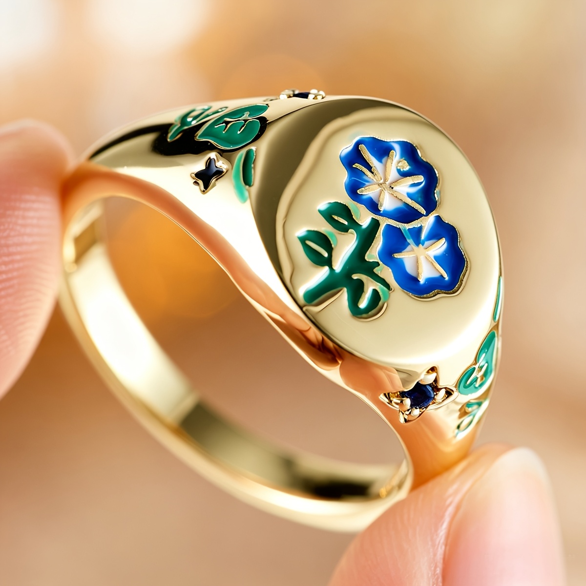 Floral Copper Inlaid Zirconia Statement Ring, Unisex