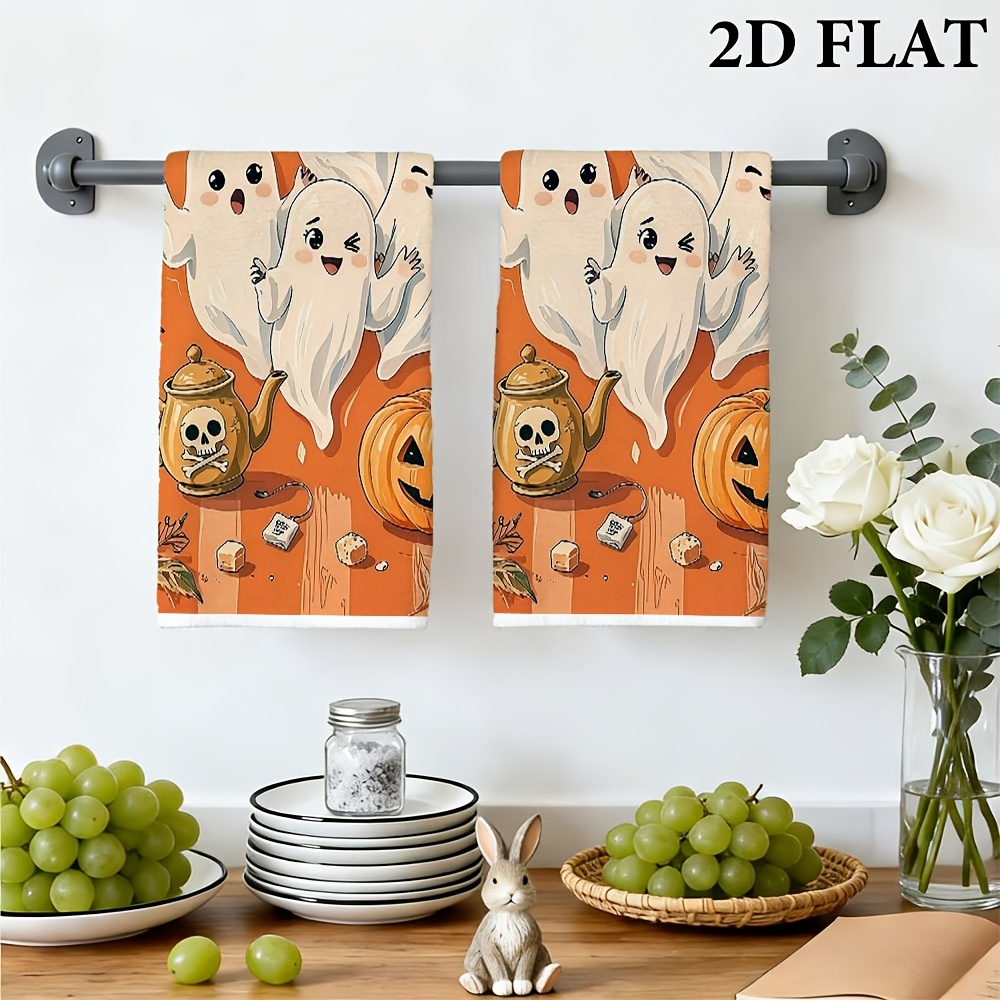 2pcs 2d flat printed towel set featuring a pattern of ghosts standing around a teapot lightweight absorbent soft and comfortable machine washable suitable for kitchen bathroom and gym decor multi functional decorative hand towels 2d flat