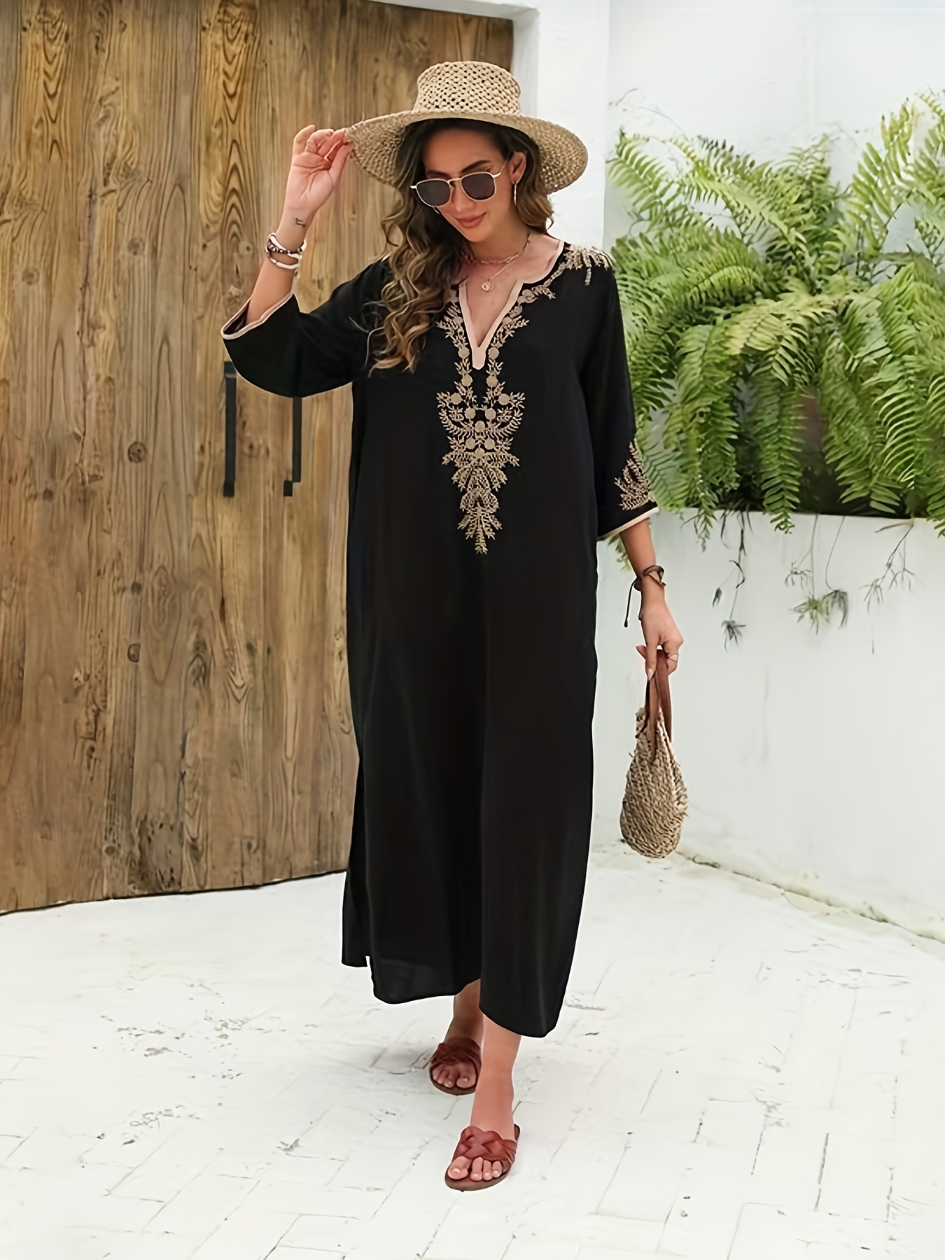black embroidered beach dress Black Gold Cotton Long Sleeved Beach Dress – Lindsey Brown main image 0