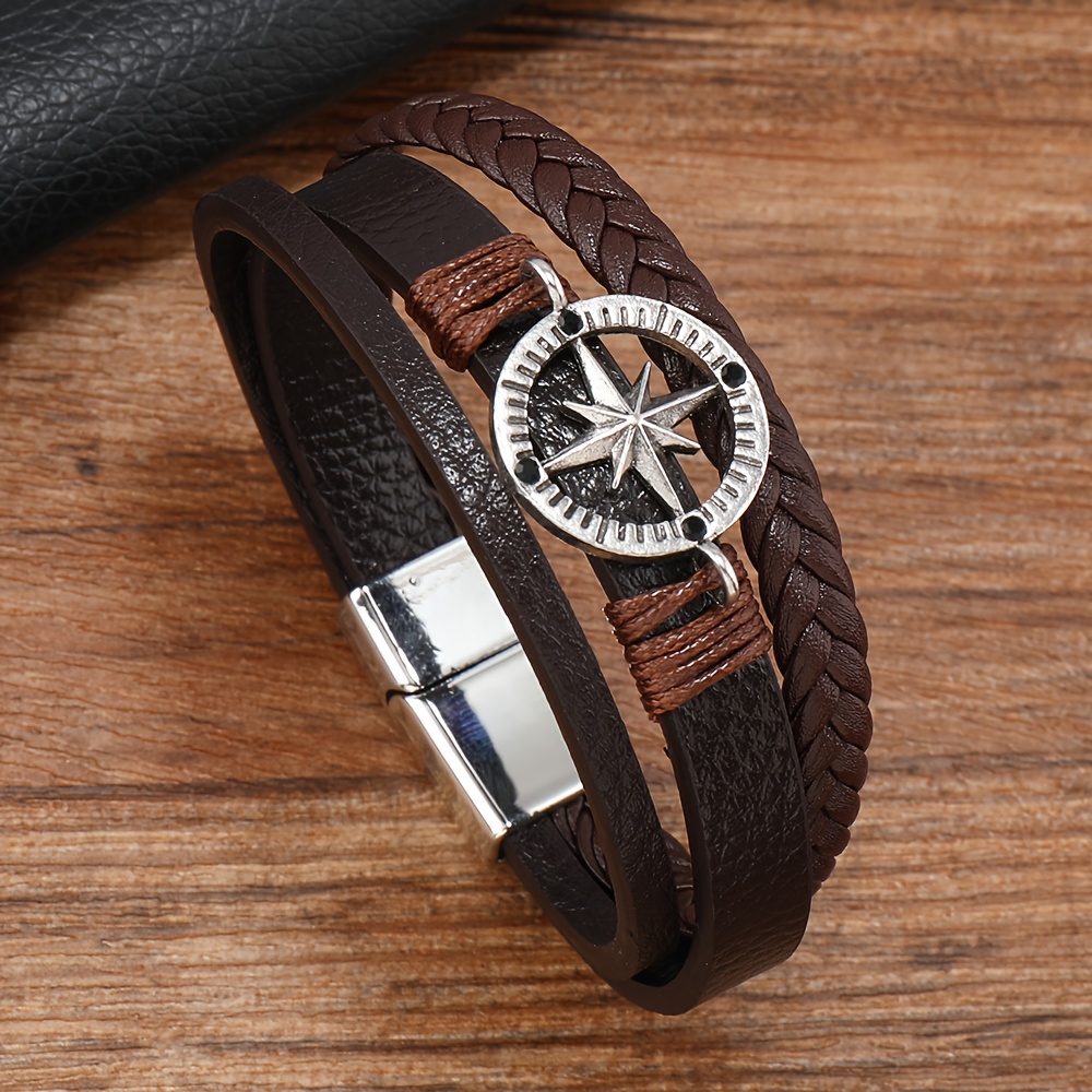 TEMU Pulseras de cuero sintético tejido estilo vintage para hombre con diseño de estrella | Brazalete a de moda en marrón y negro