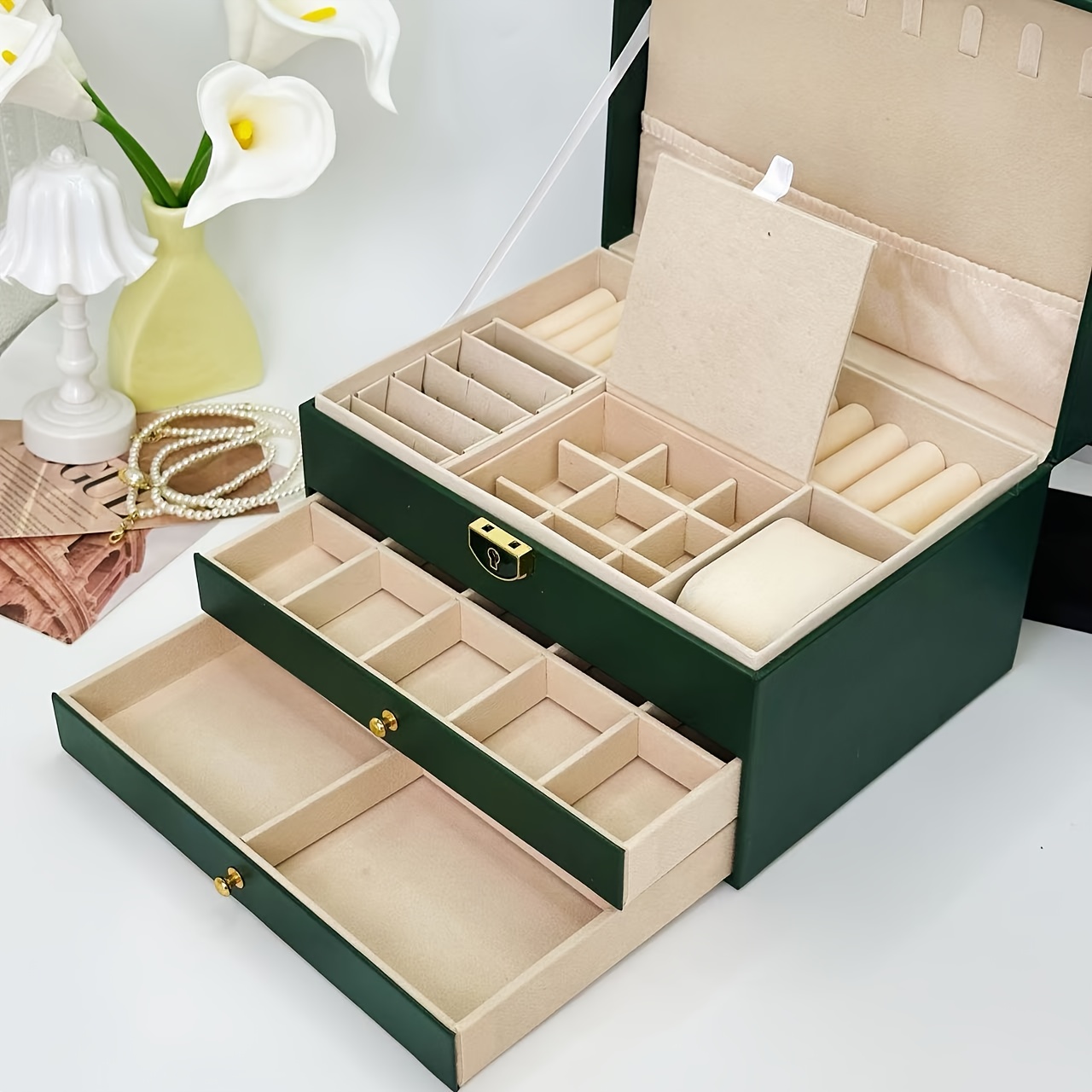 3 tier jewelry organizer box with soft fabric lining pink synthetic synthetic   leather storage for necklaces earrings rings and bracelets multi compartment design for easy organization jewelry box jewelry boxes Product details 0