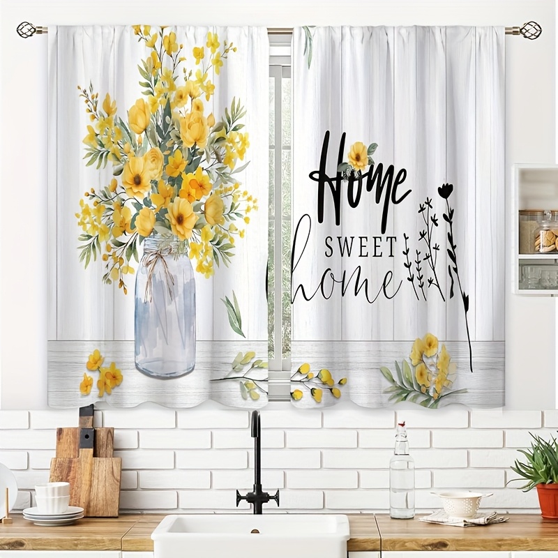 TEMU 2pcs Rustic Yellow Floral Farmhouse Flower Kitchen Printed Curtains Small Short Cafe Curtain Rod Pocket Bathroom Curtain Treatments Tiers Room