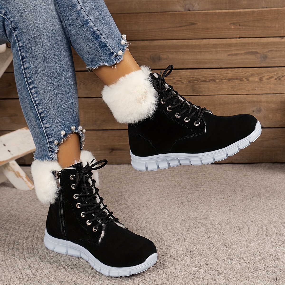 

Winter Ankle Boots: Cozy Fluffy , Lace-up Closure, And Pu Sole For And Style