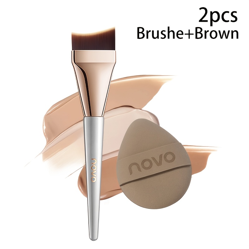 TEMU 2pcs Crescent Foundation Brush And Makeup Puff Set, Ultra-thin Fish Tail Makeup Brush, Waste, Dry Wet Dual Use For Blending Liquid Foundation,