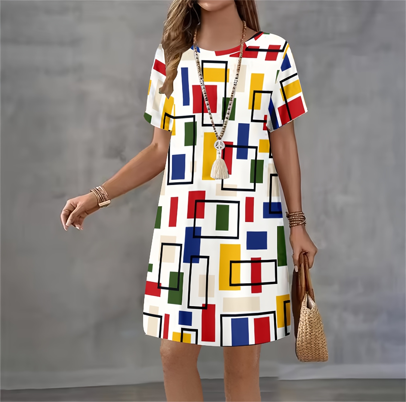Women'S Trendy Short-Sleeve Dress with 3D Printed Round Neck And Checkered Pattern