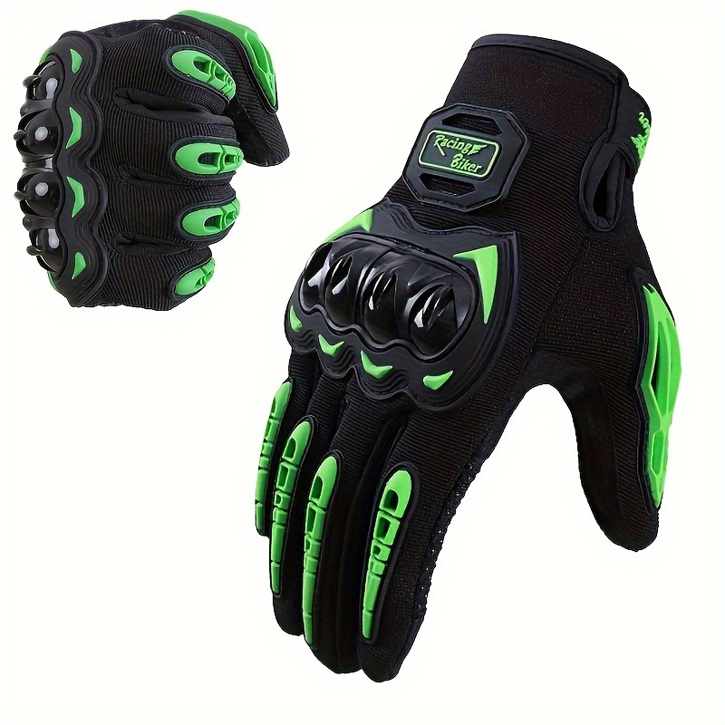 

1 Pair Full-finger Touchscreen Compatible Polyester Gloves, Knitted Fabric, All-season Outdoor Sports And Cycling, With Hook & Loop Closure - Green Accents