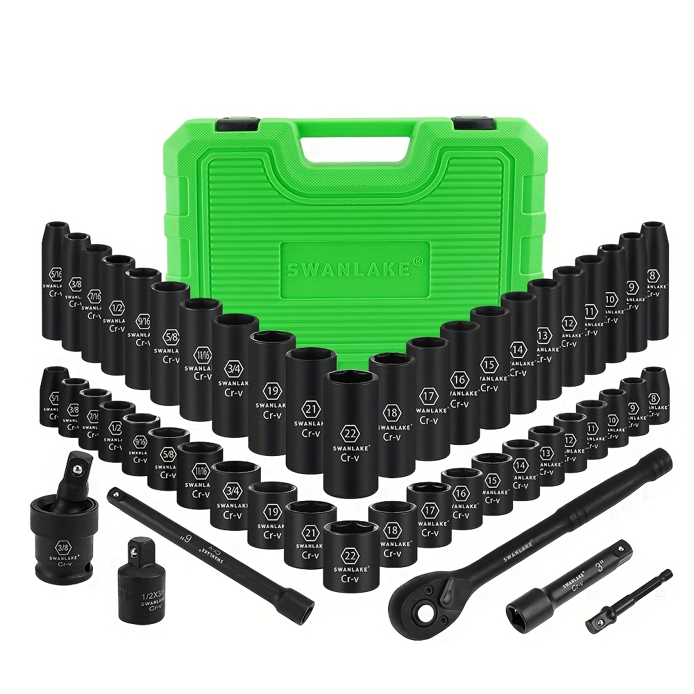 TEMU 3/8" Drive Impact Socket Set, 50pcs Standard Sae (5/16 To 3/4 Inch) And Metric (8-22mm) Size, 6 Point, , 3/8-inch Ratchet Handle, Extension Bar,