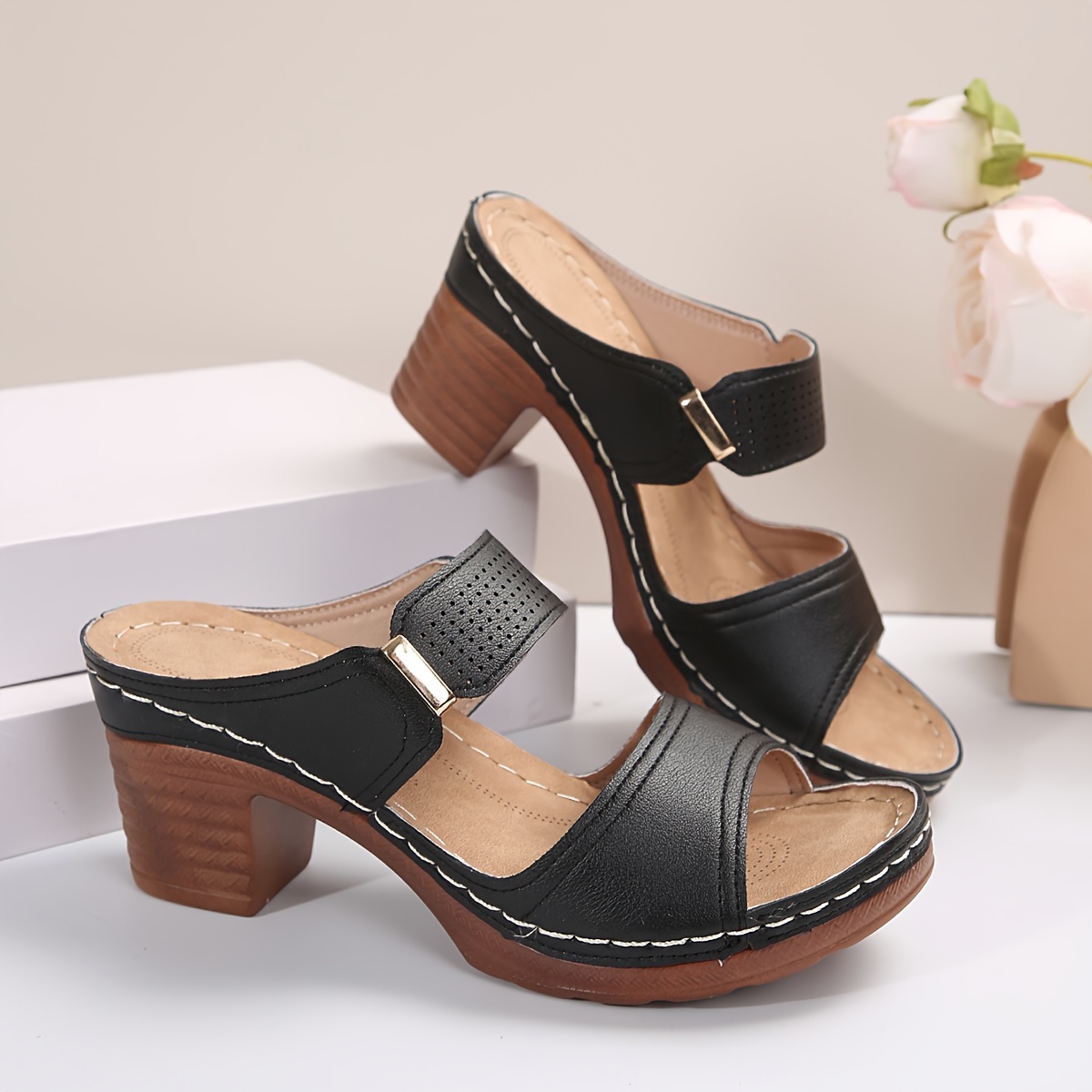 women s chunky heel sandals fashion open toe dress pumps details 3