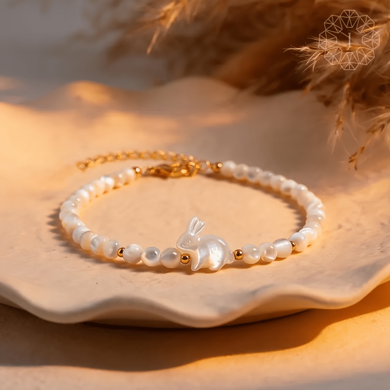 Image of White Beads&carved Rabbit Beaded Bracelet|symbolizes Purity, Gentleness And Protection.it And To The Wearer | Perfect As A Graduation Gift For Teachers And , Delicate And For Occasion.