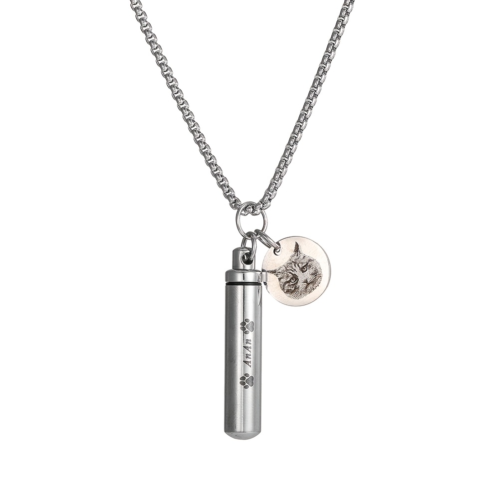 TEMU Personalized Custom Dog Paw Cat Paw 304 Stainless Fashion Optional Open Cylinder Pendant Necklace For Storing Pet Hair, Private Custom Lettering