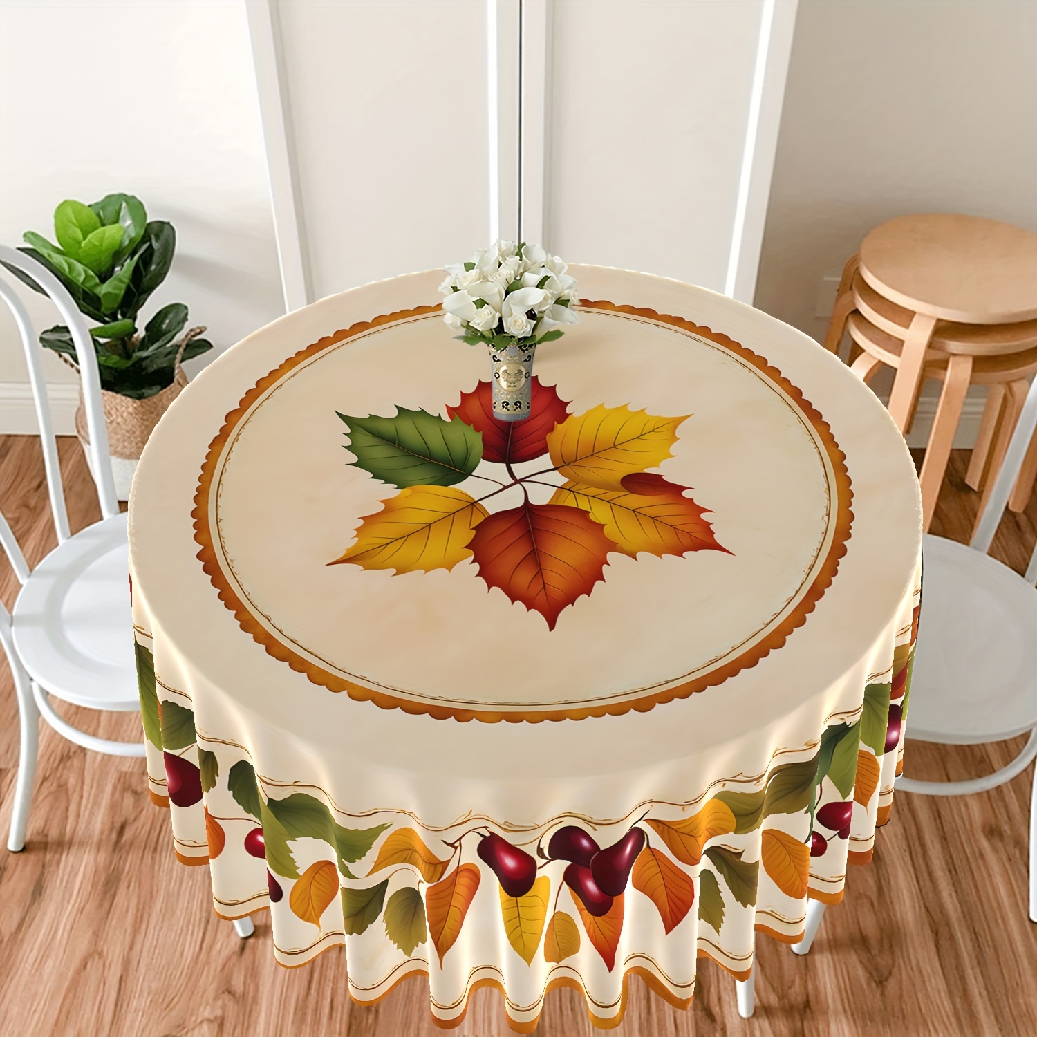 

Autumn Leaves Round Tablecloth - 63" Water-resistant Polyester Table Cover With Colorful Pattern, Machine Woven For Indoor Dining & Decor, Fits 4-6 Seats