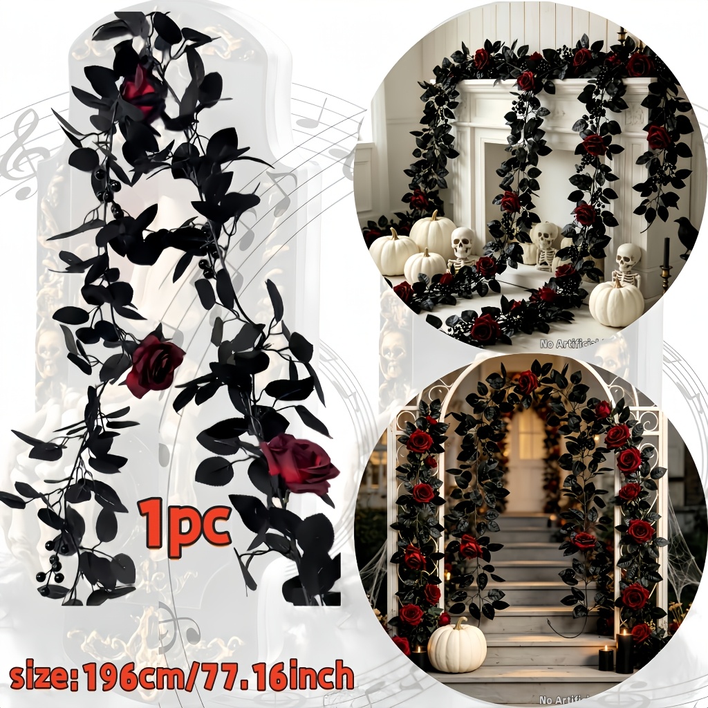 TEMU Lierre artificiel réaliste de 196 cm, style gothique d'Halloween, feuille noire, , , haute , décoration pour , porte et fenêtre, décor de fête