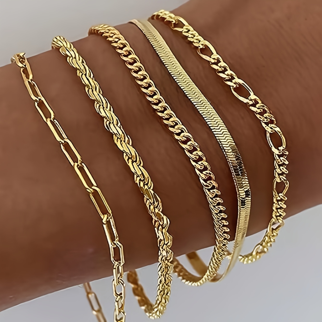 

5 Pcs Set Of Exquisite Golden/silvery Chain Design Bracelet Zinc Alloy Jewelry Elegant Sexy Style Female Stackable Hand Chain