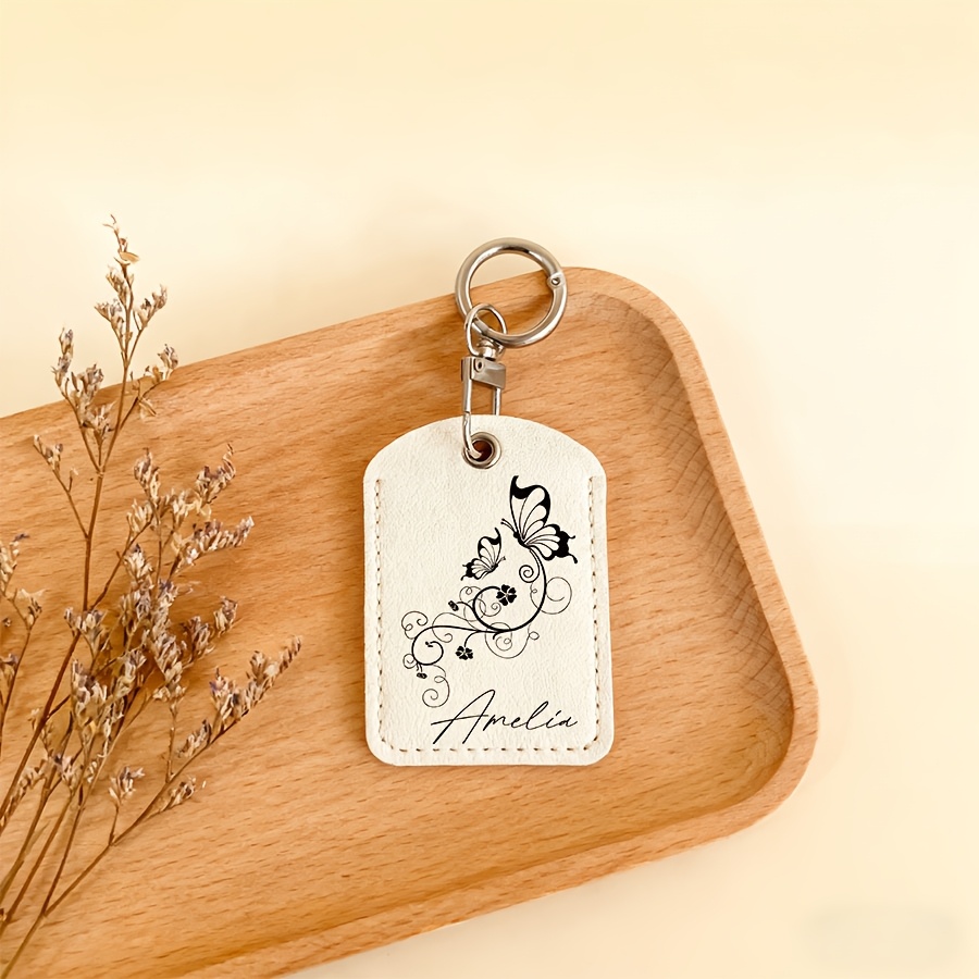 Custom Name Text Butterfly Keychain, Personalized Faux Leather Key Card Holder